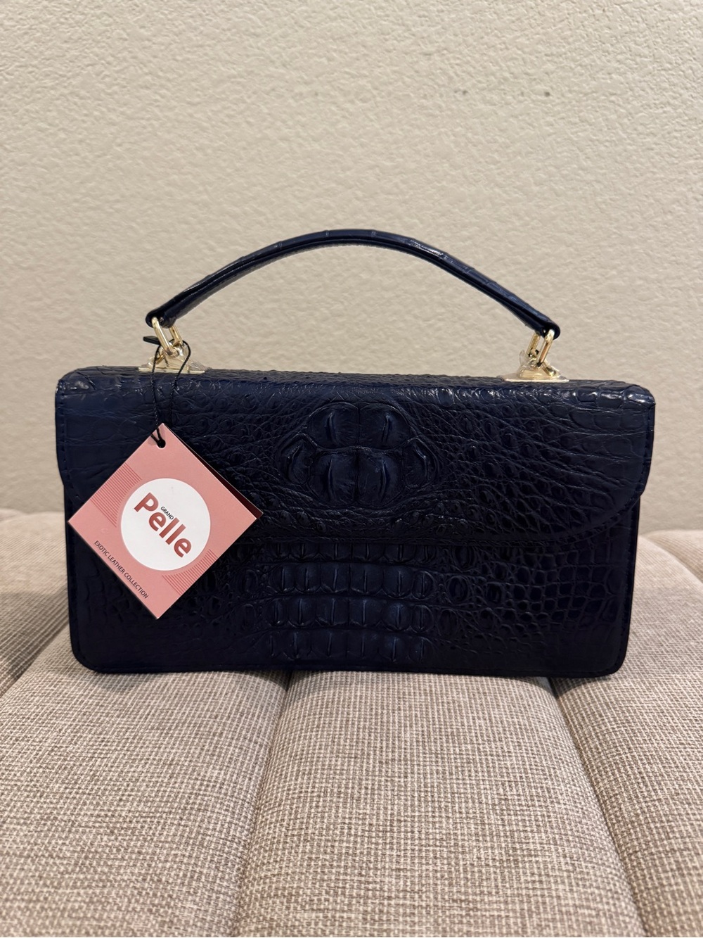Grand Pelle 100% Genuine Python Leather Crossbody Bag w/ Detachable Strap - Navy
